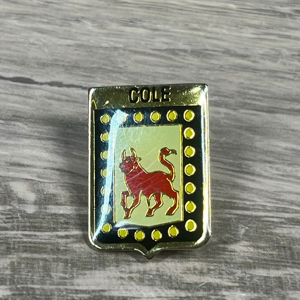 Vintage Heraldry Names Cole Crest Pin Gold Red Bull Family Coat of Arms Ireland
